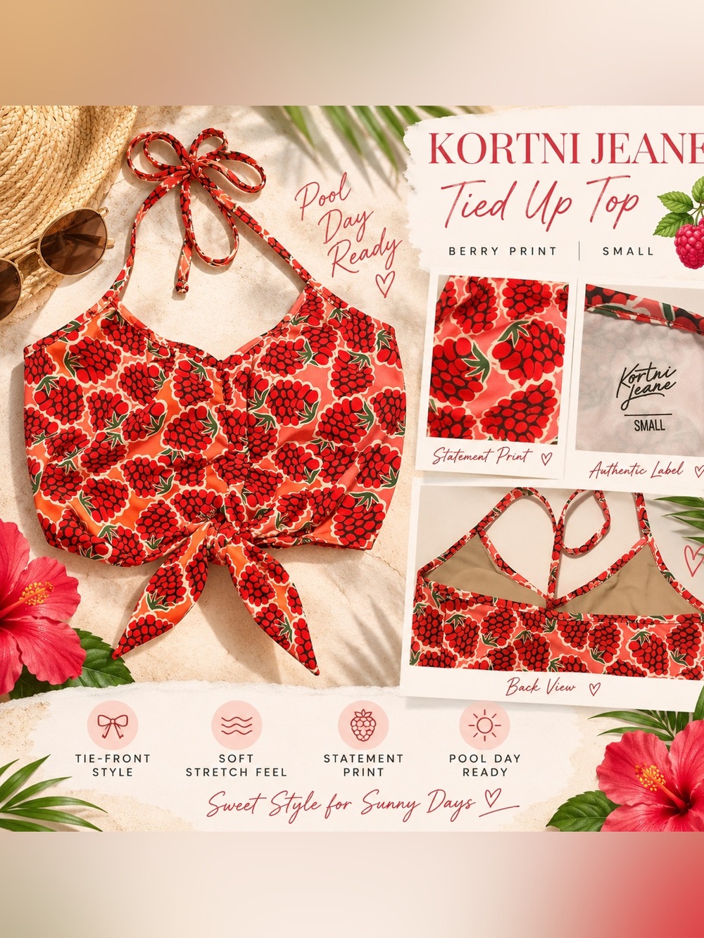 Kortni Jeane Berry Print Tied Up Swim Top – Size Small